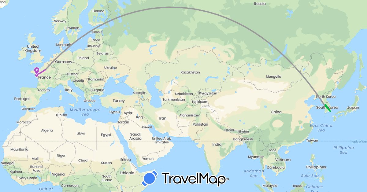 TravelMap itinerary: driving, bus, plane, train, boat in France, South Korea (Asia, Europe)